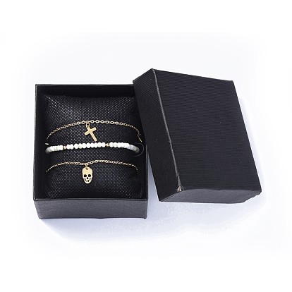 Charm Bracelets and Braided Bracelets Sets, Stackable Bracelets, with Stainless Steel Findings, Brass Findings and Glass Beads, Cross and Skull