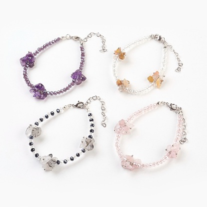 Bracelets de pierres fines naturelles, avec des perles de verre à facettes et des pièces en acier inoxydable 304