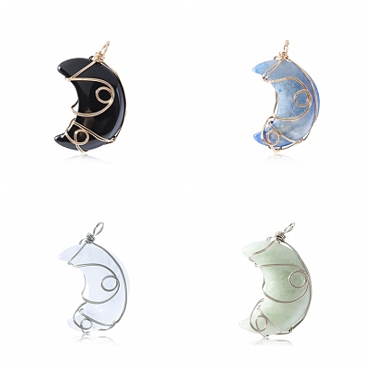 Natural Gemstone Pendants, Stainless Steel Wire Wrapped Moon Charms