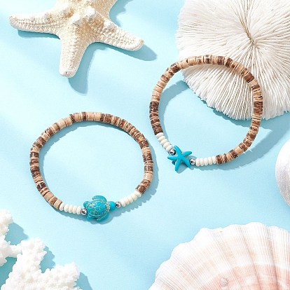 Натуральный кокос с синтетическими бирюзовыми бусинами эластичные браслеты для мужчин и женщин