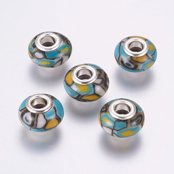 Handmade Polymer Clay European Beads, Large Hole Beads, with Brass Findings, Rondelle with Flower Pattern, Silver Color Plated
