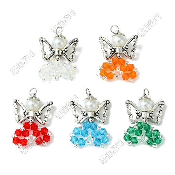 5 шт. 5 цвета граненые имитация австрийского хрусталя стеклянные подвески, ангел, с крыльями из цинкового сплава античного серебра и 304 открытыми кольцами для прыжков из нержавеющей стали
