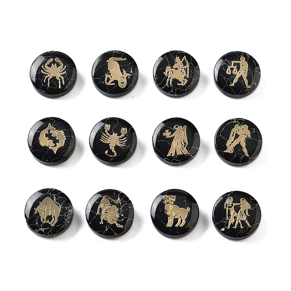 Окрашенные в черный цвет синтетические бирюзовые бусины, с золотистыми латунными пластинами, плоский круглый с созвездиями