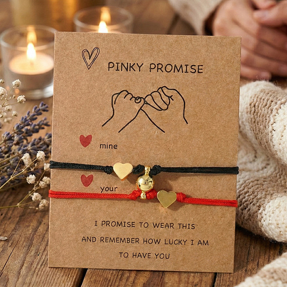 Adjustable Metal Heart Nylon Cord Braided Bead Couple Bracelet Set with Magnetic Clasps, Golden
