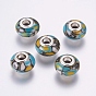 Handmade Polymer Clay European Beads, Large Hole Beads, with Brass Findings, Rondelle with Flower Pattern, Silver Color Plated