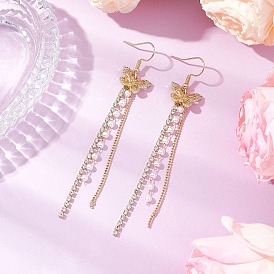 304 из нержавеющей стали болтаться серьги, с подвесками в виде бабочек из латунного микропаве из прозрачных кубических цирконий, с имитацией жемчуга