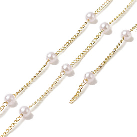 Handmade Plastic Pearl Beaded Chains, with Rack Plating Brass Curb Chains, Soldered, with Card Paper