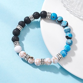 Женские браслеты из круглых бусин из натуральной лавы, окрашенного огненного агата с трещинками, морских ракушек и синтетической бирюзы, с европейским бисером из сплава в тибетском стиле