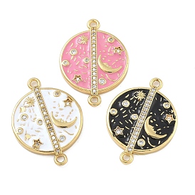 Rack Plating Brass Clear Cubic Zirconia Connector Charms, Enamel Flat Round with Moon Links, Real 18K Gold Plated, Long-Lasting Plated, Cadmium Free & Lead Free