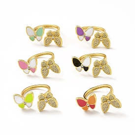 Cubic Zirconia Butterfly Open Cuff Ring with Enamel, Real 18K Gold Plated Brass Jewelry for Women, Lead Free & Cadmium Free
