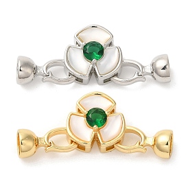 Flower Brass Shell Fold Over Clasps, with Glass, Long-lasting Plated