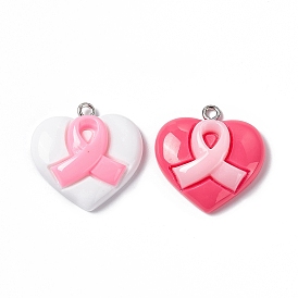 Acrylic Pendants, with Platinum Tone Iron Loop, Heart with Breast Cancer Awareness Ribbon Charm