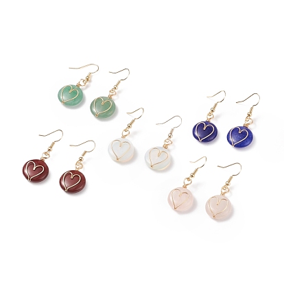 Gemstone Braided Flat Round with Heart Dangle Earrings, Brass Wire Wrap Jewelry for Women, Golden