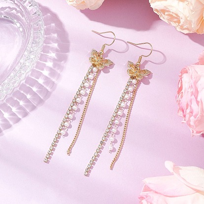 304 из нержавеющей стали болтаться серьги, с подвесками в виде бабочек из латунного микропаве из прозрачных кубических цирконий, с имитацией жемчуга