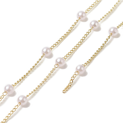 Handmade Plastic Pearl Beaded Chains, with Rack Plating Brass Curb Chains, Soldered, with Card Paper