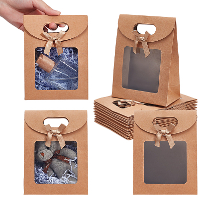 Leere Kraftpapiertüten, mit Griffen und klaren Fenstern, Rechteck, für Geschenk-Verpackung