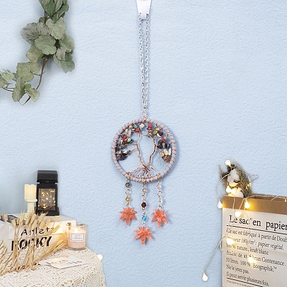 Natural & Synthetic Mixed Gemstone Chips Tree of Life Pendant Decorations, for Party Window, Wall Display Decorations
