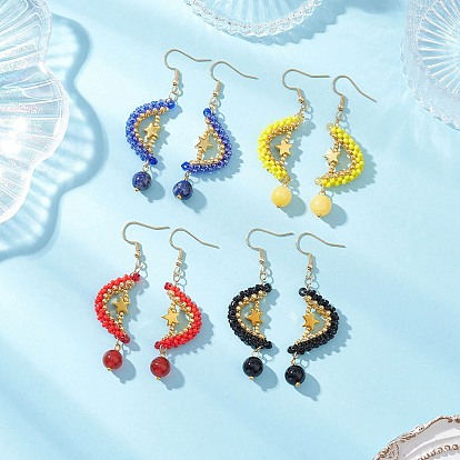 Болтаться серьги природный драгоценный камень, луна, со стеклом, золотые