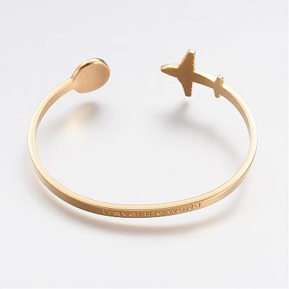 304 Stainless Steel Cuff Bangles, Travel Theme, Airplane and Earth