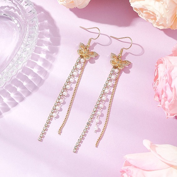 304 из нержавеющей стали болтаться серьги, с подвесками в виде бабочек из латунного микропаве из прозрачных кубических цирконий, с имитацией жемчуга