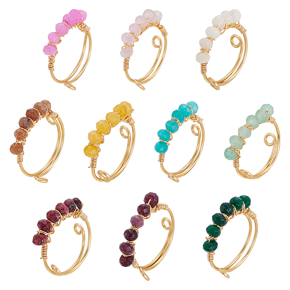 10 Кольца из натурального зеленого авантюрина, белого нефрита и кристаллов кварца, обвитые медной проволокой