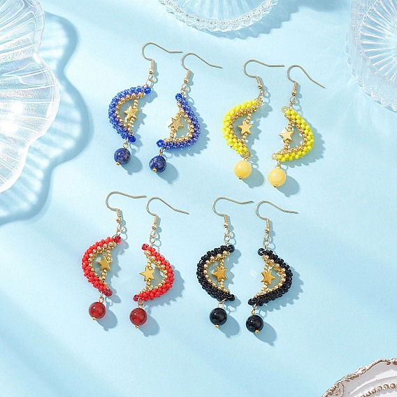 Болтаться серьги природный драгоценный камень, луна, со стеклом, золотые