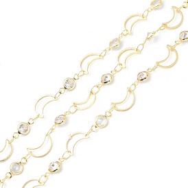 Brass & Cubic Zirconia Handmade Beaded Chains, with Spool, Long-Lasting Plated, Moon, Soldered