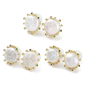 Rack Plating Brass Stud Earrings, Natural Pearl & Cubic Zirconia
 Sun Earrings, Long-Lasting Plated