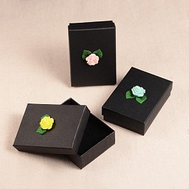 Rectangle Black Cardboard Jewelry Box, with Resin Flower and Acrylic Leaf, 91x66x29mm