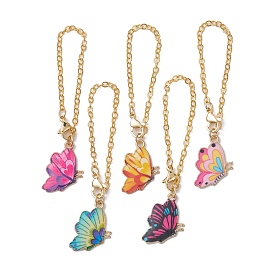 Butterfly Printed Alloy Cup Pendant Decorations, with Lobster Claw Clasps and Brass Cable Chains