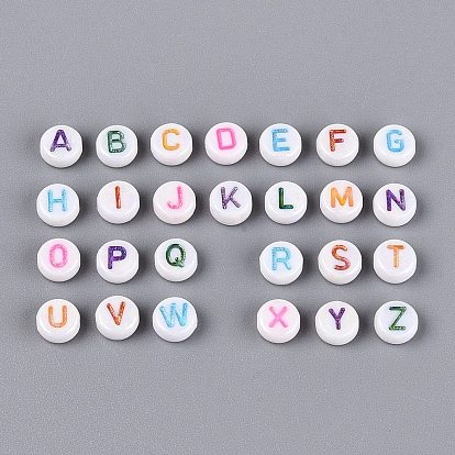 Непрозрачные акриловые эмалированные бусины, плоские круглые с буквы, с покрытием AB цвета