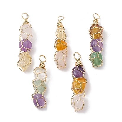 5Pcs Natural Mixed Gemstone Copper Wire Wrapped Pendants, Nuggets Charms, Real 18K Gold Plated