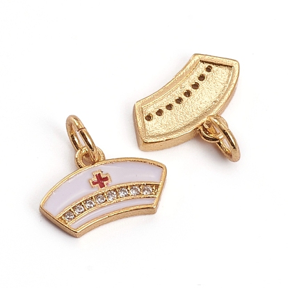 Brass Micro Pave Clear Cubic Zirconia Charms, with Enamel and Jump Rings, Nurse Cap