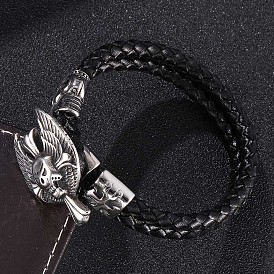 Genuine Leather Wrap Wide Cord Bracelet with Stainless Steel Toggle Clasps, Reto Cuff Wristband Arm Guard for Men Women