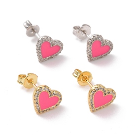 Deep Pink Enamel Heart Stud Earrings with Clear Cubic Zirconia, Rack Plating Brass Jewelry for Women, Cadmium Free & Lead Free
