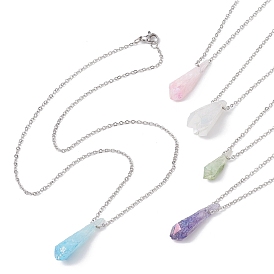 Dyed Natural Quartz Crystal Twist Teardrop Pendant Necklaces, with 304 Stainless Steel Cable Chains, Mixed Color