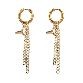 304 pendientes de aro de acero inoxidable huggie, pendientes hipoalergénicos, con colgantes de latón y cadenas de bordillo, forma de cola de ballena