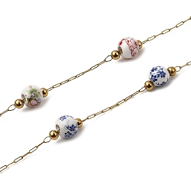 Ручная работа 304 круглые звенья цепочек из нержавеющей стали с фарфоровыми бусинами и цветочным узором, пайки, с 316 цепями и катушкой из нержавеющей стали, ионное покрытие (ip), реальный 18 k позолоченный