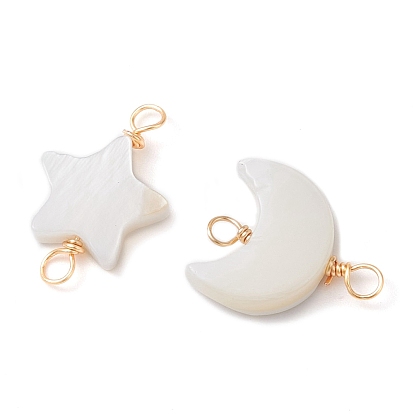 2Pcs 2 Styles Natural Freshwater Shell Connector Charms, Light Gold, Star & Moon Links