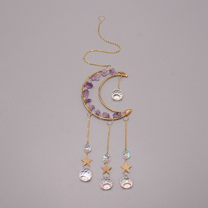 Décorations de pendentifs en améthyste naturelle, avec trouvaille en laiton et fer, boule de goutte de verre cristal, lune