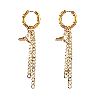304 pendientes de aro de acero inoxidable huggie, pendientes hipoalergénicos, con colgantes de latón y cadenas de bordillo, forma de cola de ballena