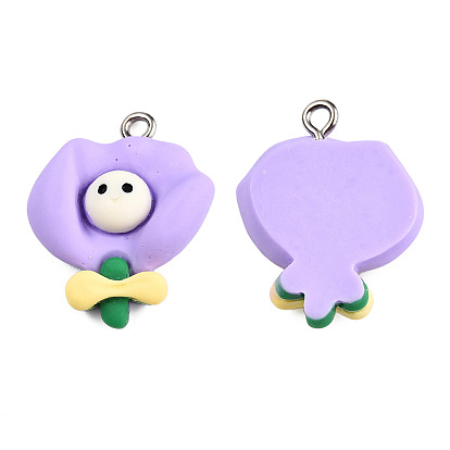 Opaque Resin Pendants, with Platinum Plated Iron Loops, Bouquet Charm with Smiling Face Pattern