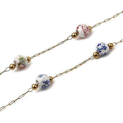 Ручная работа 304 круглые звенья цепочек из нержавеющей стали с фарфоровыми бусинами и цветочным узором, пайки, с 316 цепями и катушкой из нержавеющей стали, ионное покрытие (ip), реальный 18 k позолоченный