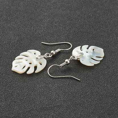 Natural Shell Dangle Earrings, with Platinum Plated Brass Earring Hooks, Tropical Leaf