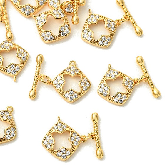 SHEGRACE Bras Micro Pave Clear Cubic Zirconia Toggle Clasps, Rhombus, Cadmium Free & Lead Free & Nickel Free