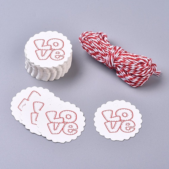 Paper Gift Tags, Hange Tags, For Arts and Crafts, with Cotton Cords, for Valentine's Day, Flower with Word