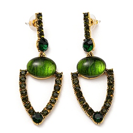 Green Glass Dangle Stud Earrings, Antique Golden Alloy Earrings with 925 Sterling Silver Pins