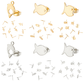 60 шт 6 стиль 304 серьги-гвоздики из нержавеющей стали, с отверстием и 201 ушными гайками/задними частями сережек из нержавеющей стали, рыба и дельфин