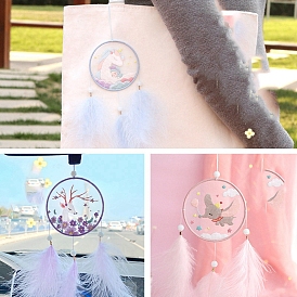 Flower/Rabbit/Elephant Pattern DIY Woven Net/Web with Feather Hanging Ornament Embroidery Kits, Including Plastic Embroidery Hoop, Tulle Fabric, Iron Needles, Feather, Glass Beads, Polyester Threads