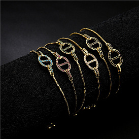 Adjustable Copper Nose Shaped Bracelet with 6 Colorful Zirconia Stones in Pull Box Chain for Women